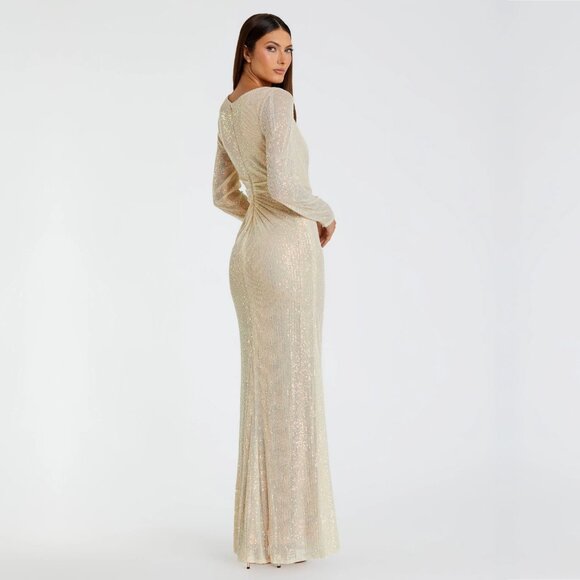 NWT Mac Duggal Sequined Ruched Long Sleeve Boat Neck Gown Pearl 10 #A0193 - Picture 6 of 11